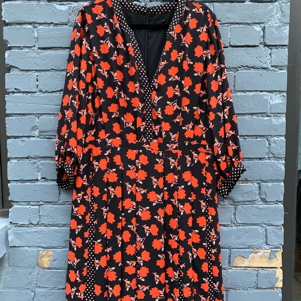 ANN TAYLOR Floral Polka Dot Trim Pleated Flare Dress Professional Wear Unique